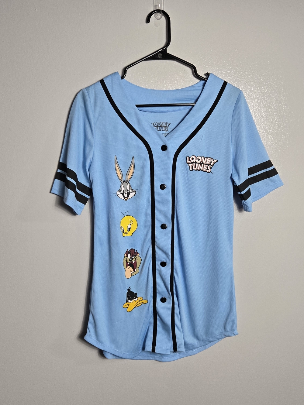 Looney Tunes Light Blue Character Graphic Mesh Baseball Jersey Shirt Top Large